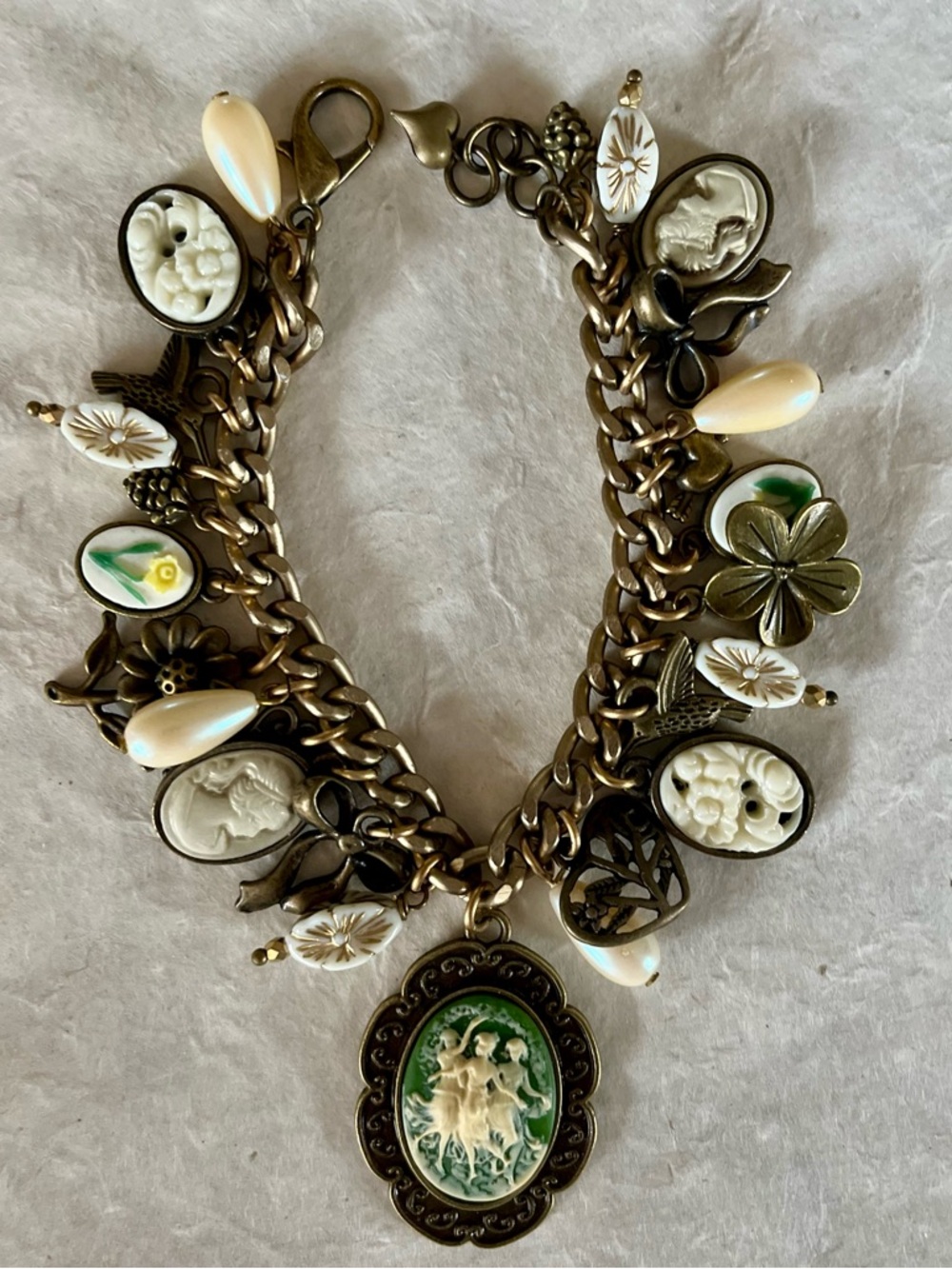 Victorian Inspired Cameos Charm Bracelet Three Graces Wedgwood Sage Green